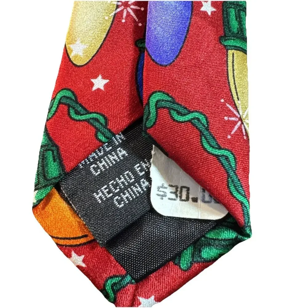 Noel 100% Silk Tie‎ Strand Of Colorful Christmas Lights On Green Wire Holiday